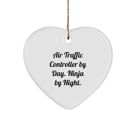 Funny Air Traffic Controller Gifts from Friends and Family, Heart Ornament for Christmas Unique Presents, 'By Day. Ninja By Night.' - Image 1