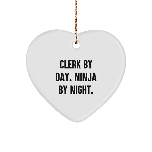 Funny Clerk Gifts, Clerk Heart Ornament, Gifts from Friends to Clerk By Day. Ninja By Night. Christmas Unique Gifts, Clerk Appreciation Gifts - Image 1