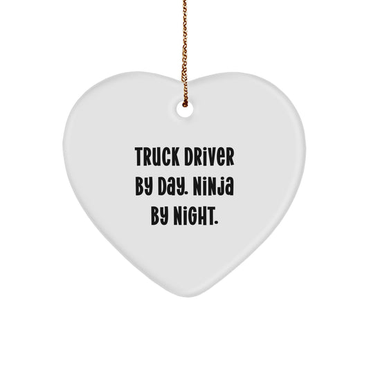 Truck Driver Gifts for Him Funny Heart Ornament, Gifts from Men to Friends, Christmas Unique Presents with a Twist, 'Truck Driver By Day. Ninja By Night.' Quote - Image 1