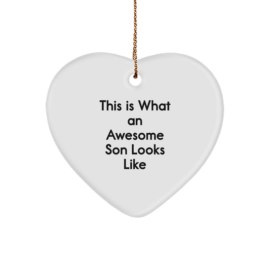 Funny Son Gifts from Mom - This Is What An Awesome Son Looks Like Heart Ornament for Christmas - Image 1