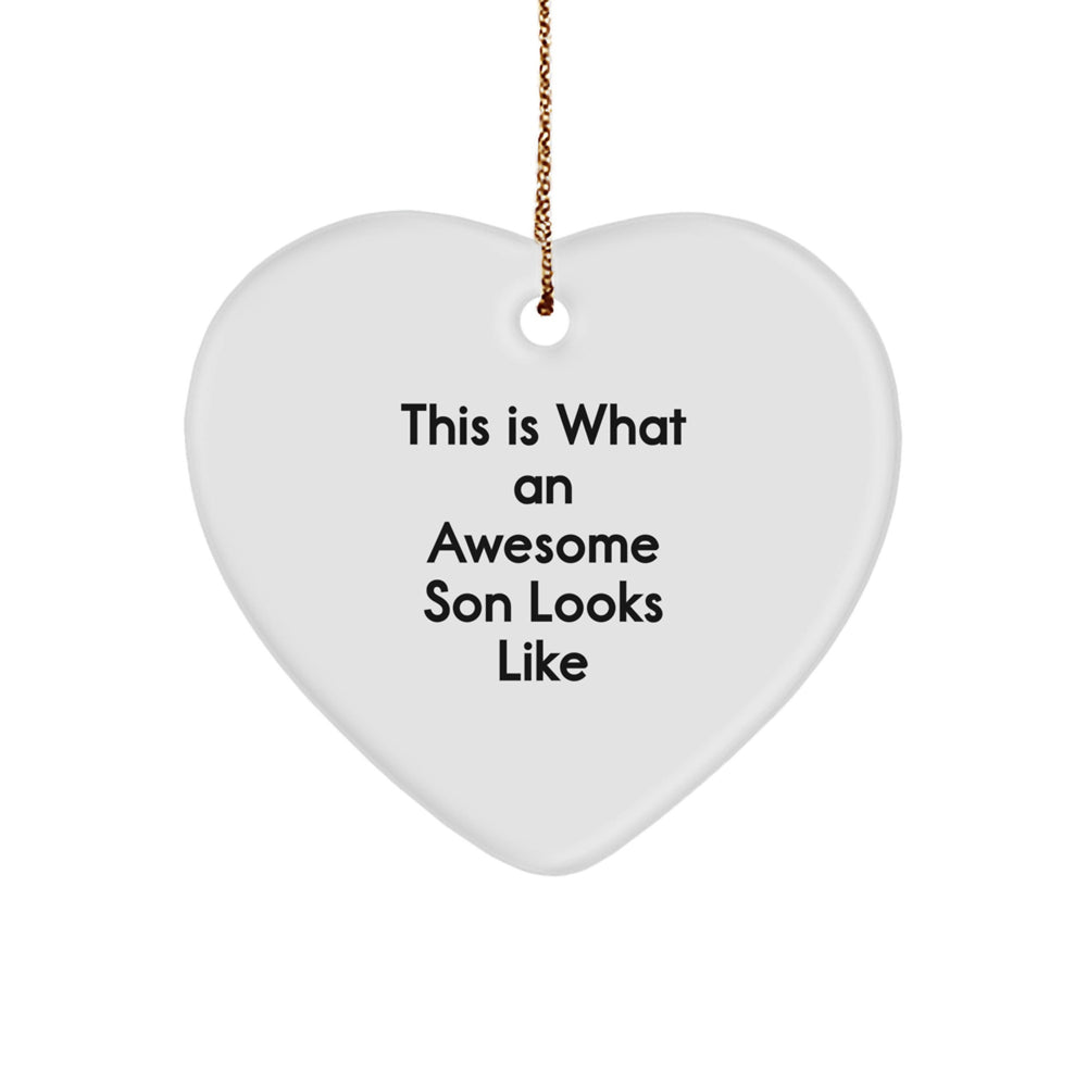 Funny Son Gifts from Mom - This Is What An Awesome Son Looks Like Heart Ornament for Christmas - Image 1