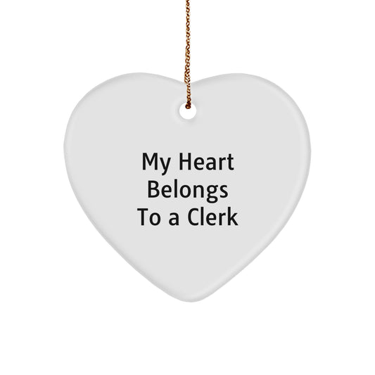 Funny Clerk Heart Ornament, Christmas Unique Gifts for Men, Women, Coworkers, Family, Gifts from Friends, Gifts for My Heart Belongs To A Clerk, Heart Shaped Ornament - Image 1
