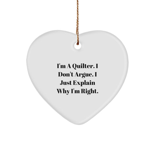 Quilter's Delight, Funny Quote Heart Ornament, Gifts for Quilter from Friends, Christmas Unique Gifts - Image 1