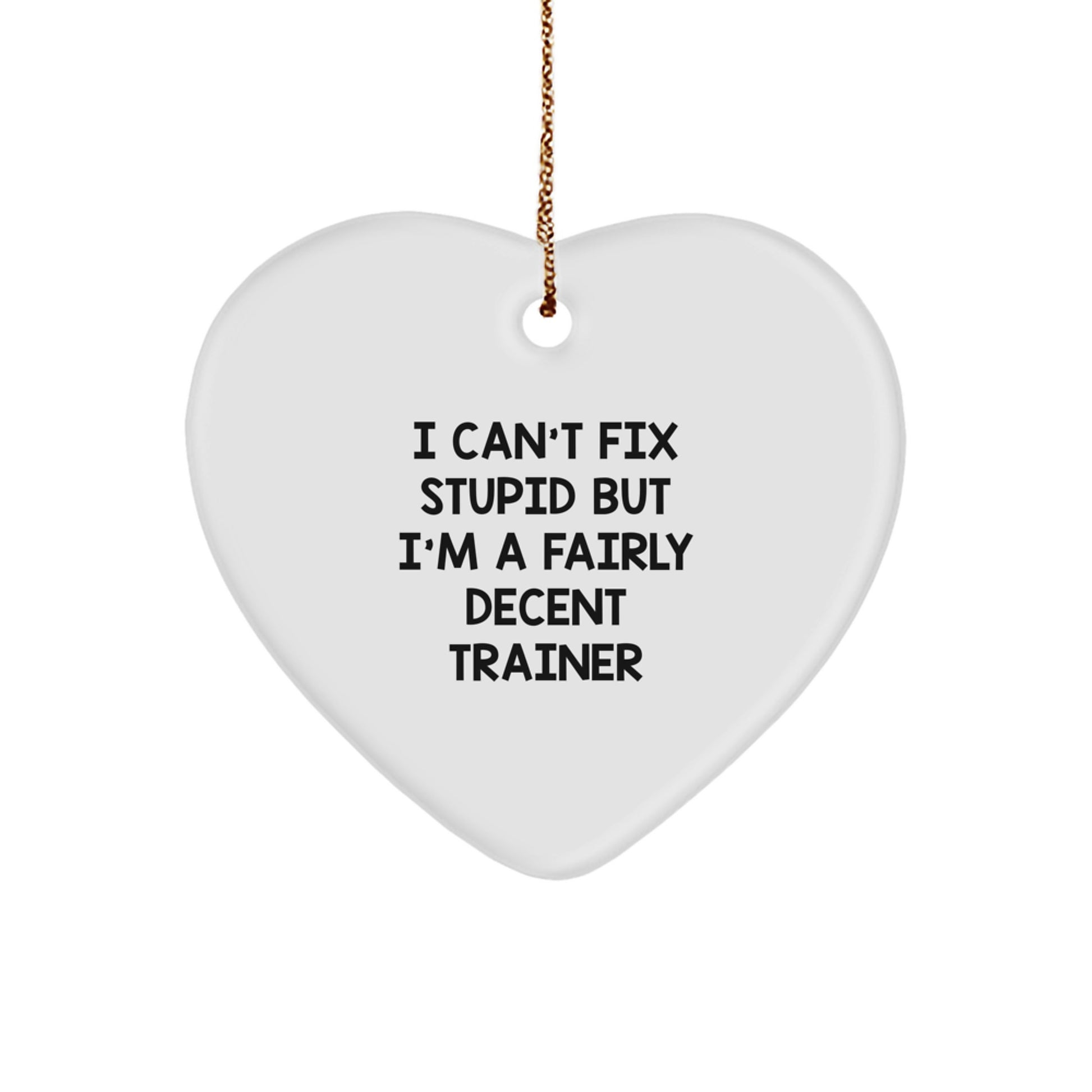 Funny Trainer Gifts from Friends - Heart Ornament with 'I Can't Fix Stupid But I'm A Fairly Decent Trainer' Quote for Christmas - Image 1