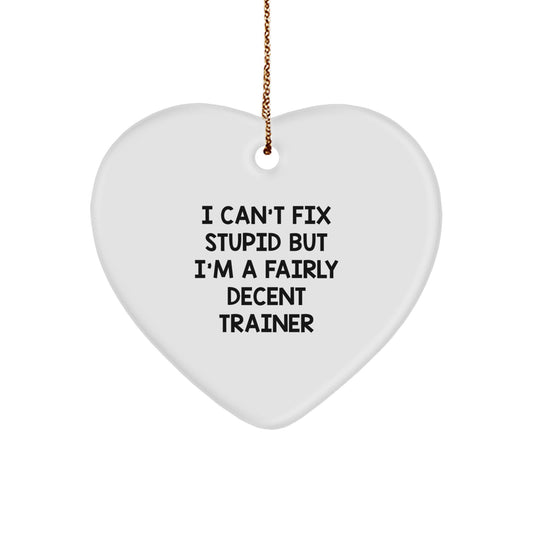 Funny Trainer Gifts from Friends - Heart Ornament with 'I Can't Fix Stupid But I'm A Fairly Decent Trainer' Quote for Christmas - Image 1