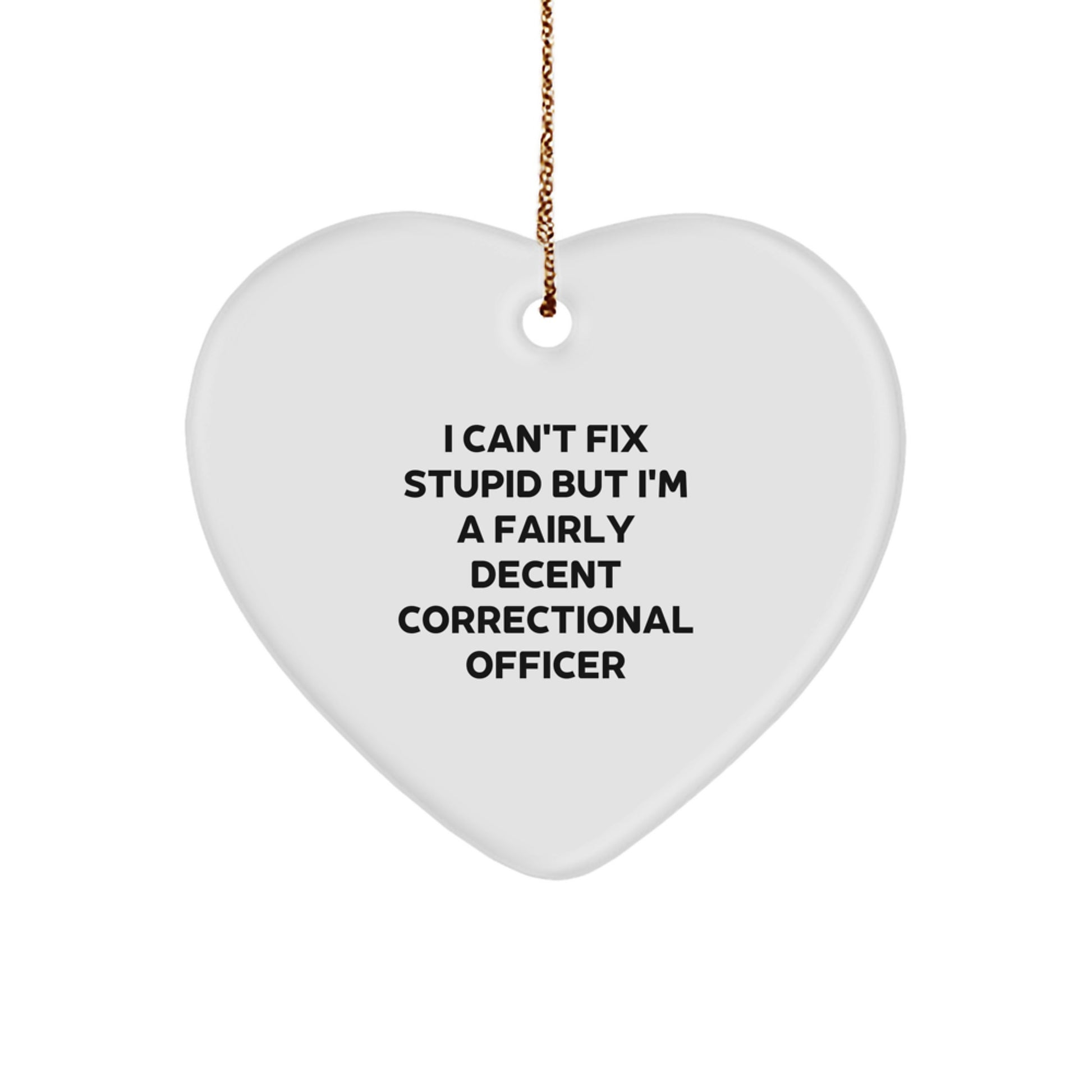 Funny Correctional Officer Gifts, 'I Can't Fix Stupid But I'm A Fairly Decent Officer' Heart Ornament for Men or Women, Christmas Unique - Image 1