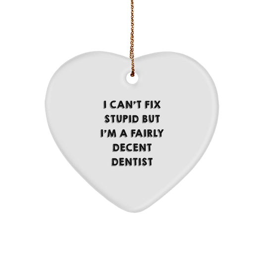 Funny Dentist Gifts from Men for Christmas Unique Heart Ornaments with 'I Can't Fix Stupid But I'm A Fairly Decent Dentist' Quote - Image 1