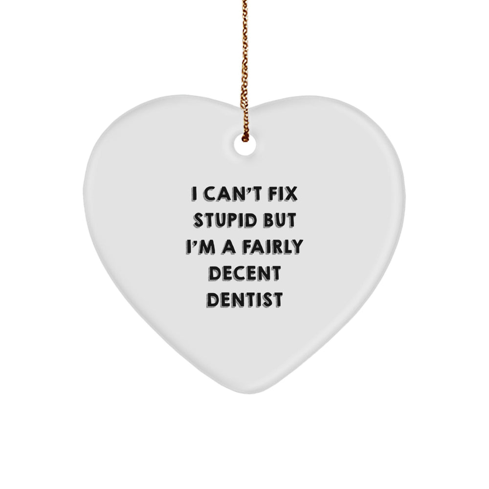 Funny Dentist Gifts from Men for Christmas Unique Heart Ornaments with 'I Can't Fix Stupid But I'm A Fairly Decent Dentist' Quote - Image 1