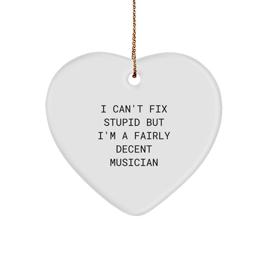 Funny Musician Gifts for Women from Friends, Heart Ornament with I Can't Fix Stupid But I'm A Fairly Decent Musician Quote, Christmas Unique Gifts - Image 1