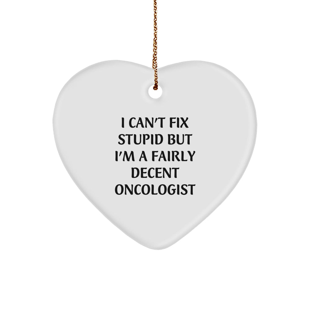 Oncologist Gifts from Friends for Christmas - Heart Ornament with Funny Quote, 'I Can't Fix Stupid But I'm A Fairly Decent Oncologist' - Unique Christmas Unique Gifts - Image 1