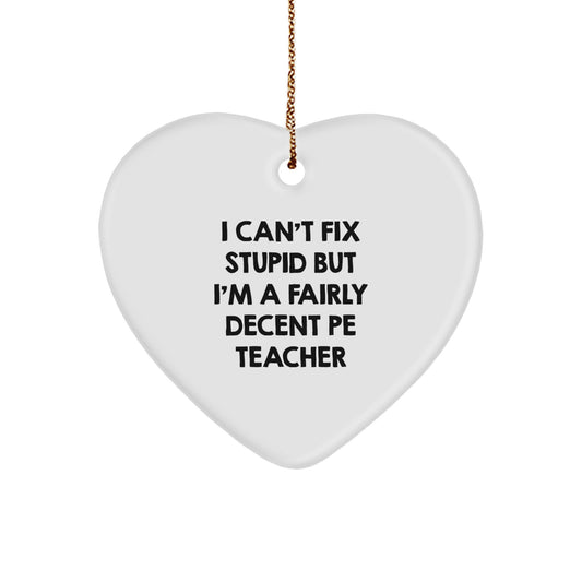 Funny PE Teacher Gift, I Can't Fix Stupid But I'm A Fairly Decent Heart Ornament for Christmas, Gifts from Friends to PE Teacher - Image 1