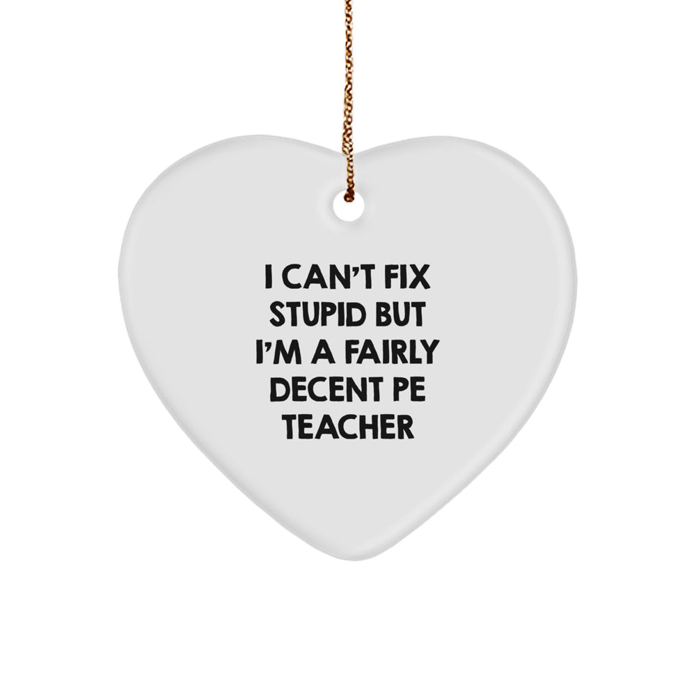 Funny PE Teacher Gift, I Can't Fix Stupid But I'm A Fairly Decent Heart Ornament for Christmas, Gifts from Friends to PE Teacher - Image 1