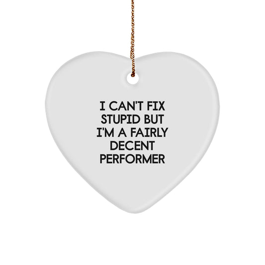 Funny Performer Gifts from Friends, Heart Ornament for Men, 'I Can't Fix Stupid But I'm A Fairly Decent Performer' Quote, Christmas Unique Gifts for Him - Image 1