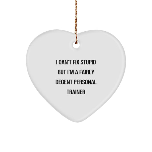 Funny Personal Trainer Gifts from Friends, Family, or Coworkers - 'I Can't Fix Stupid But I'm A Fairly Decent Personal Trainer' Heart Ornament for Christmas - Image 1