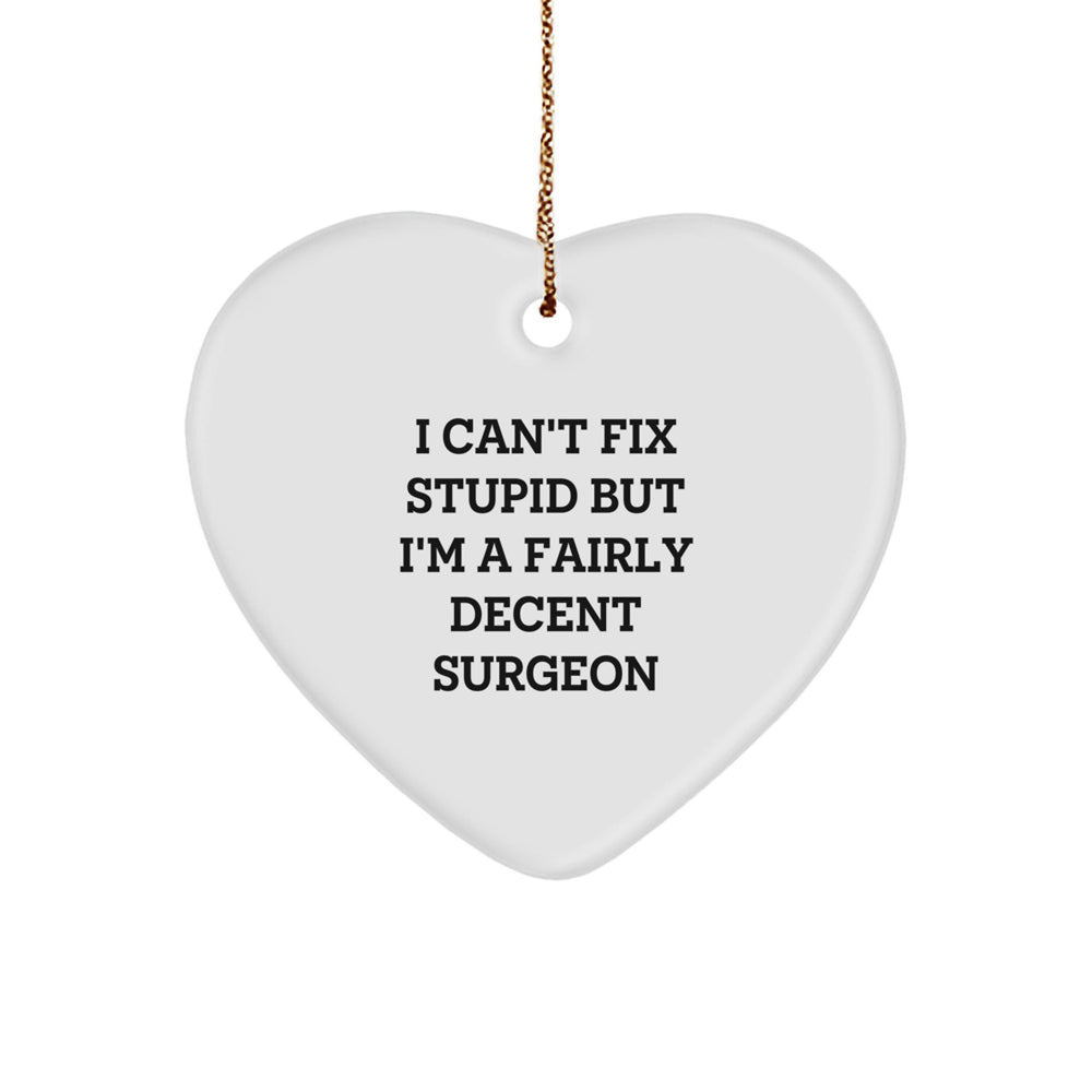 Surgeon Gifts from Friends, Family, or Coworkers - Heart Ornament with Funny Quote 'I Can't Fix Stupid But I'm A Fairly Decent Surgeon' for Christmas - Image 1