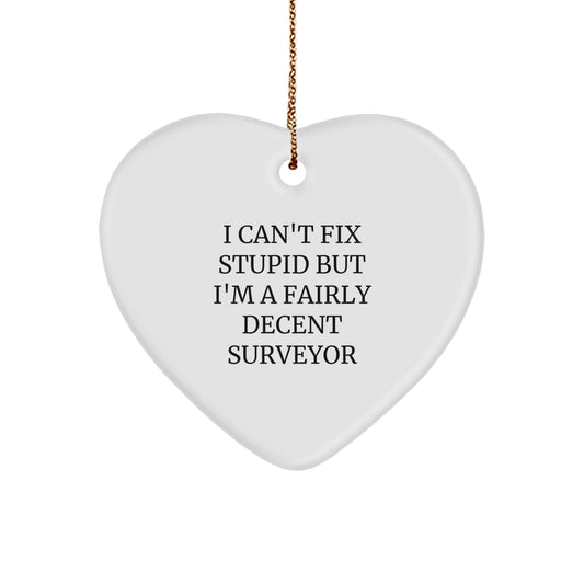 Funny Surveyor Gifts from Men to Friends - Surveyor Heart Ornament, I Can't Fix Stupid But I'm A Fairly Decent Surveyor Quote, Christmas Unique Gifts for Surveyor - Image 1