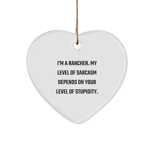 Funny Rancher Gifts - Heart Ornament for Rancher Men - Christmas Unique Rancher Gift Idea - 'I'm A Rancher. My Level Of Sarcasm Depends On Your Level Of Stupidity.' - Image 1