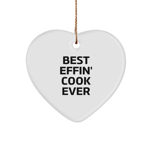 Funny Cook Gifts from Men to Women - Heart Ornament with Best Effin' Cook Ever Quote, Unique Christmas Decor for Friends, Family, Coworkers - White Heart Shaped MDF Material - Image 1
