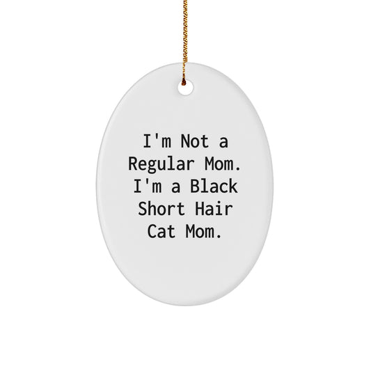Funny Black Short Hair Cat Mom Gifts for Christmas - Oval Ornament with Festive Gold Cord from Friends - Image 1