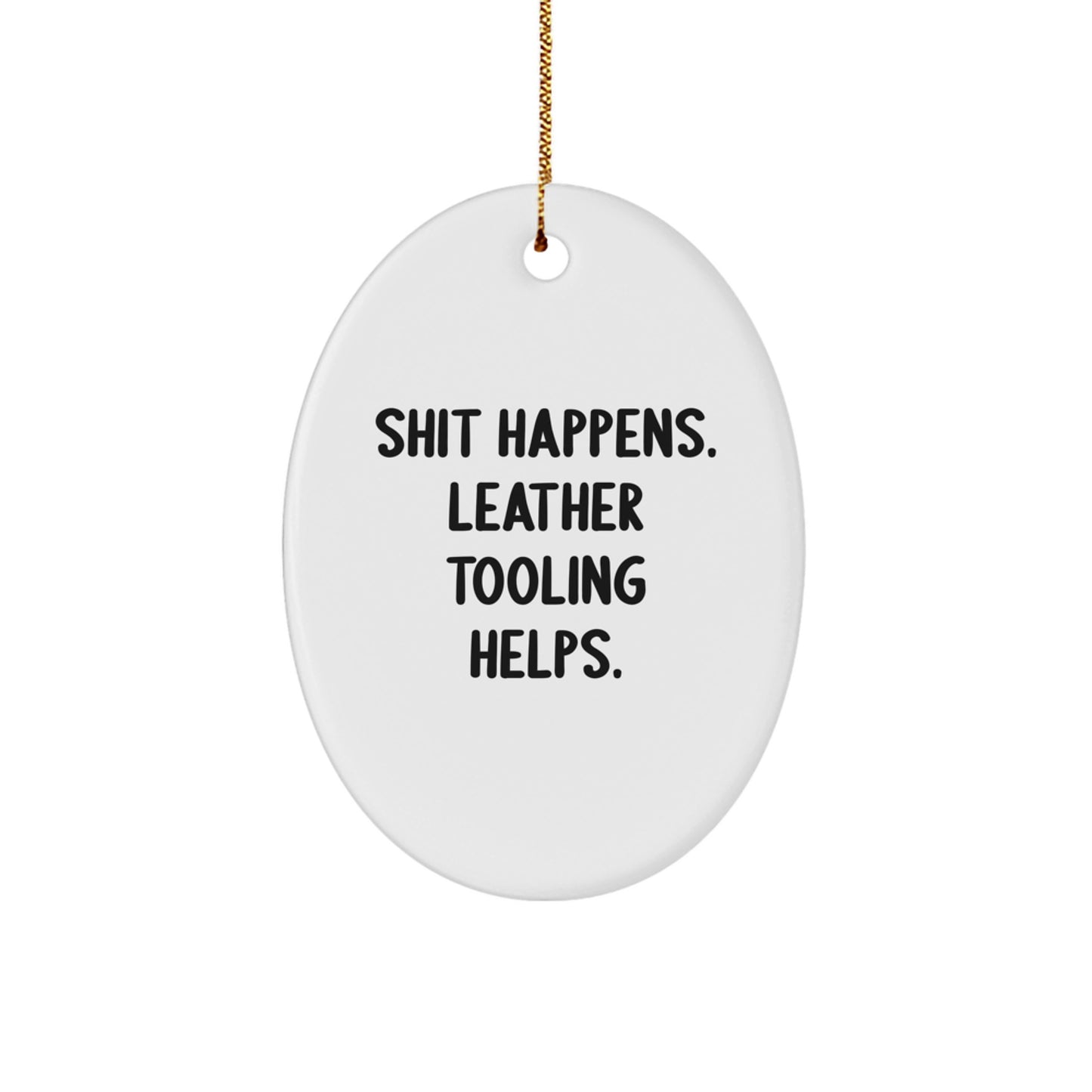 Leather Tooling Oval Ornament, Funny Christmas Unique Gift from Friends for Family, Oval Shape, White - Image 1