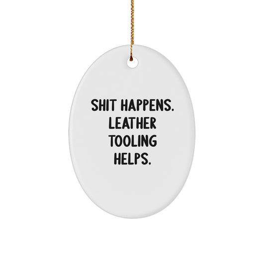 Leather Tooling Oval Ornament, Funny Christmas Unique Gift from Friends for Family, Oval Shape, White - Image 1