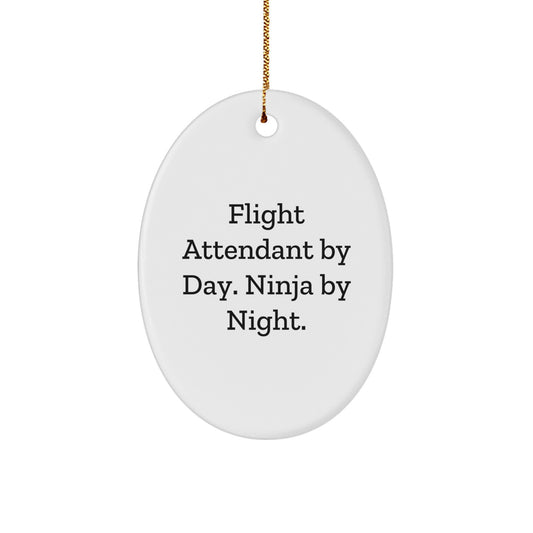 Flight Attendant Gifts from Friends - Oval Ornament, Flight Attendant By Day. Ninja By Night., Funny Christmas Unique Gifts for Flight Attendant - Image 1