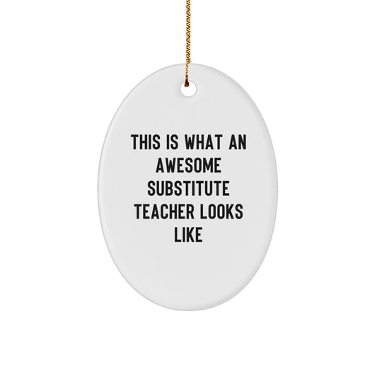 Funny Substitute Teacher Gifts from Family for Christmas Unique Gifts - 'This Is What An Awesome Substitute Teacher Looks Like' Oval Ornament - Image 1