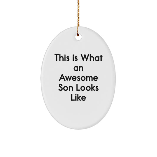 Funny Son Gifts - This Is What An Awesome Son Looks Like Oval Ornament, White, Christmas, Gifts from Family to Son - Image 1