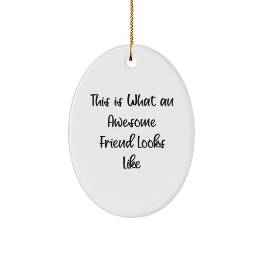 Funny Friend Gifts from Men, Women, or Coworkers - Christmas Unique Oval Ornament with 'This Is What An Awesome Friend Looks Like' Quote - Image 1