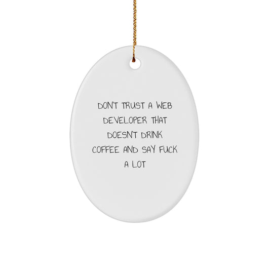 Funny Web Developer Gifts from Friends - Oval Ornament for Christmas with 'Don't Trust a Web Developer...' Quote - Image 1