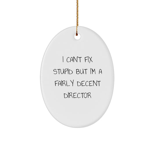Funny Director Gifts from Friends for Christmas - 'I Can't Fix Stupid But I'm A Fairly Decent Director' Oval Ornament - Image 1
