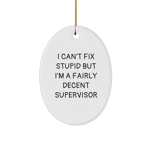 Funny Supervisor Gifts from Friends, 'I Can't Fix Stupid But I'm A Fairly Decent Supervisor' Oval Ornament for Christmas - Image 1