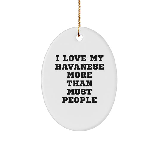 Funny Havanese Dog Gifts from Family for Christmas Unique Oval Ornament, I Love My Havanese More Than Most People, White Oval Shape - Image 1