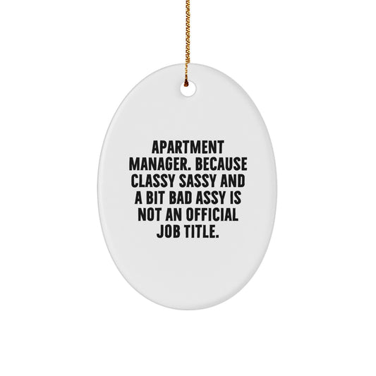 Funny Apartment Manager Gifts from Friends for Christmas Unique Oval Ornament - 'Apartment Manager. Because Classy Sassy And A Bit Fearlessy Is Not An Official Job Title.' - Image 1