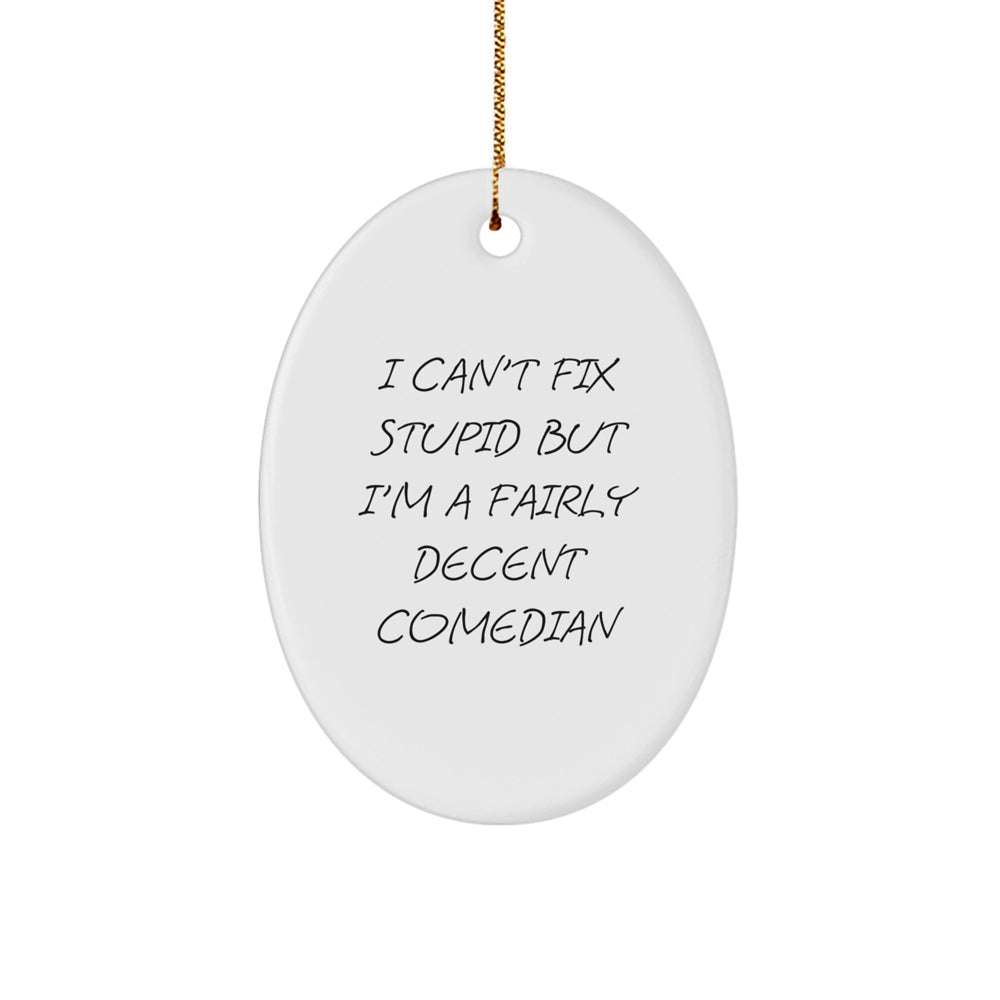 Funny Comedian Gift for Friends - 'I Can't Fix Stupid But I'm A Fairly Decent Comedian' Oval Ornament for Christmas, Gifts from Friends to Comedian, Unique Christmas Unique Gifts - Image 1