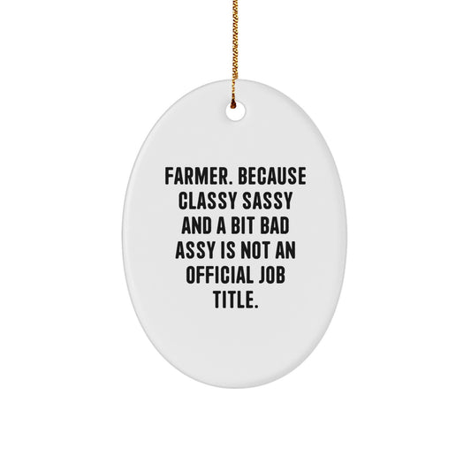 Farmer Gifts from Friends, 'Funny' Oval Ornament for Christmas - White, Oval Shaped, Durable MDF with High-Gloss Finish - Image 1