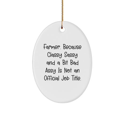 Funny Farmer Gifts from Friends for Christmas Oval Ornament - 'Farmer. Because Classy Sassy And A Bit Fearlessy Is Not An Official Job Title.' - Image 1