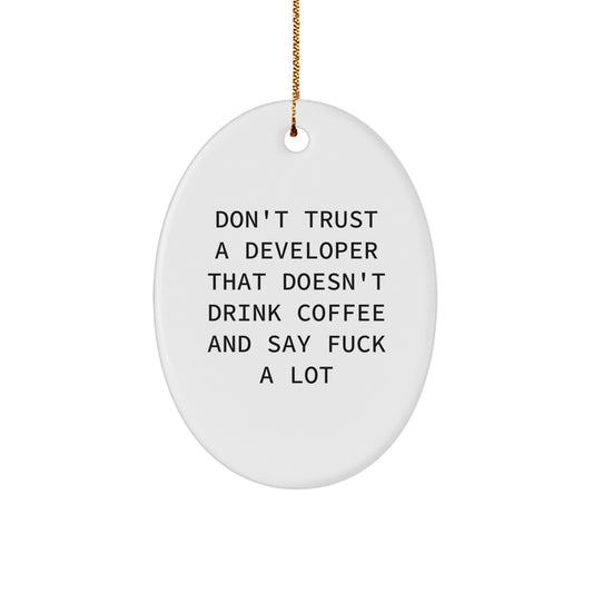 Funny Developer Gifts from Men to Friends: Don't Trust A Developer That Doesn't Drink Coffee And Say F--k A Lot Oval Ornament for Christmas - Image 1