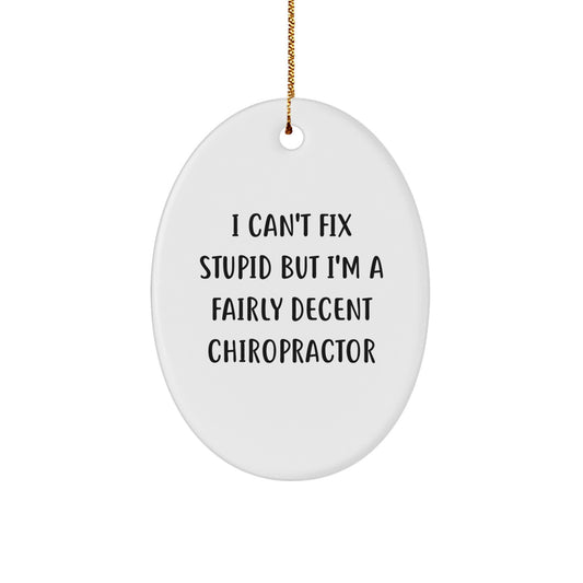 Chiropractor Oval Ornament Gifts from Friends for Christmas - 'I Can't Fix Stupid But I'm A Fairly Decent Chiropractor' Funny Quote, White Oval Ornament, Oval Shaped Gifts for Chiropractor - Image 1