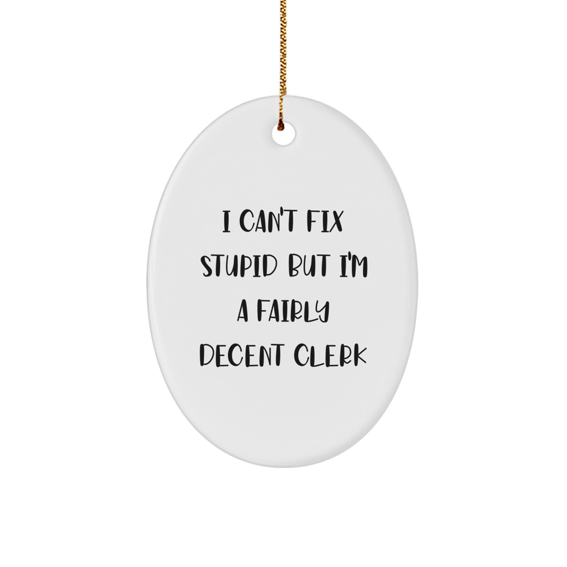 Clerk Appreciation Gifts from Friends, Coworkers, or Family - 'I Can't Fix Stupid But I'm A Fairly Decent Clerk' Oval Ornament for Christmas - Image 1