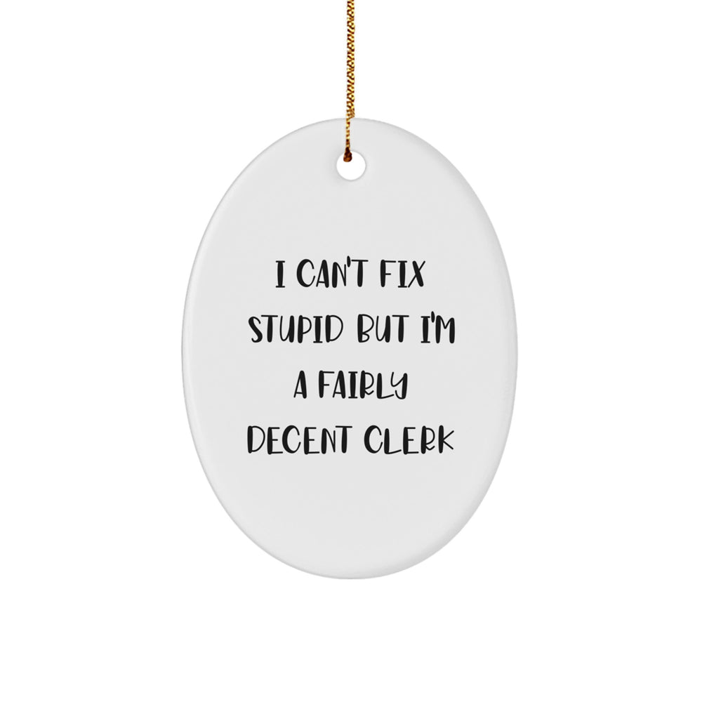 Clerk Appreciation Gifts from Friends, Coworkers, or Family - 'I Can't Fix Stupid But I'm A Fairly Decent Clerk' Oval Ornament for Christmas - Image 1