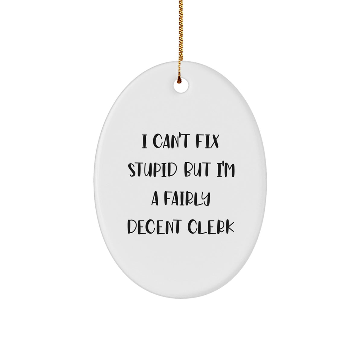 Clerk Appreciation Gifts from Friends, Coworkers, or Family - 'I Can't Fix Stupid But I'm A Fairly Decent Clerk' Oval Ornament for Christmas - Image 1