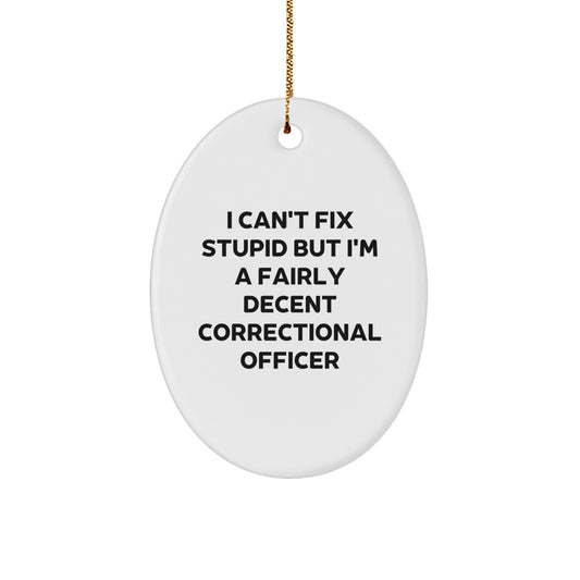 Funny Correctional Officer Gifts - 'I Can't Fix Stupid But I'm A Fairly Decent' Oval Ornament for Christmas - Image 1
