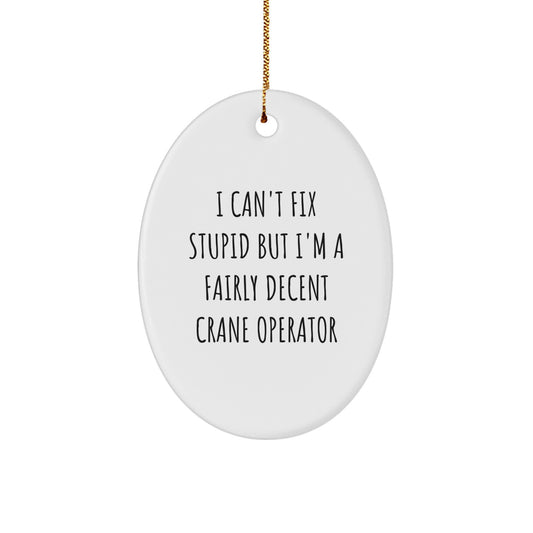 Funny Crane Operator Gifts from Friends, Family, or Coworkers for Christmas Unique Gifts - Oval Ornament, 'I Can't Fix Stupid But I'm A Fairly Decent Crane Operator' Humorous Decoration - Image 1