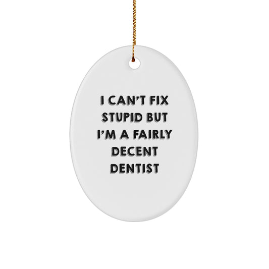Funny Dentist Gifts from Friends, Oval Ornament for Dentist, 'I Can't Fix Stupid But I'm A Fairly Decent Dentist' Quote, Christmas Unique Gifts for Family - Image 1