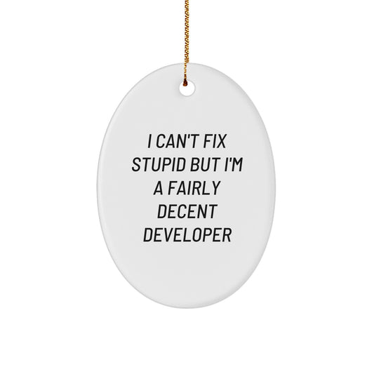 Funny Developer Gifts from Family - 'I Can't Fix Stupid' Oval Ornament for Christmas - Image 1