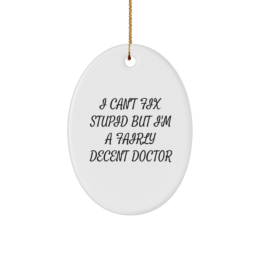 Funny Doctor Gifts from Friends and Family - Oval Ornament for Men and Women - 'I Can't Fix Stupid But I'm A Fairly Decent Doctor' Christmas Decoration - Image 1