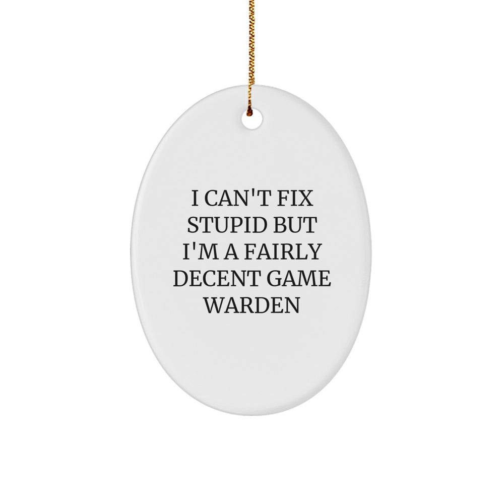 Game Warden Humor Oval Ornament, Funny Christmas Unique Gift for Friends from Men, 'I Can't Fix Stupid But I'm A Fairly Decent Game Warden', Oval Shaped Ornament for Home Decor - Image 1
