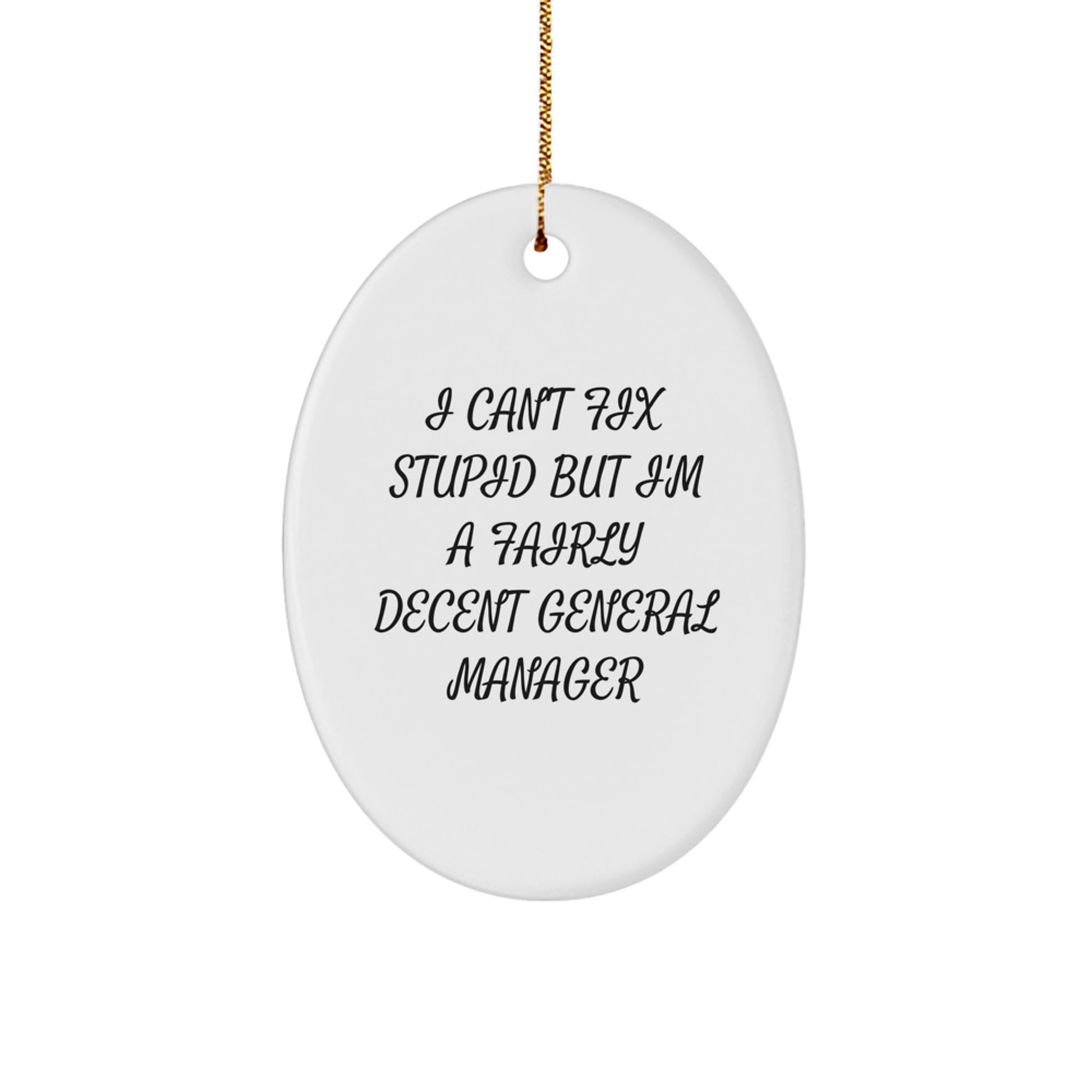 Funny General Manager Gifts, 'I Can't Fix Stupid But I'm A Fairly Decent General Manager', Oval Ornament for Christmas from Friends - Image 1