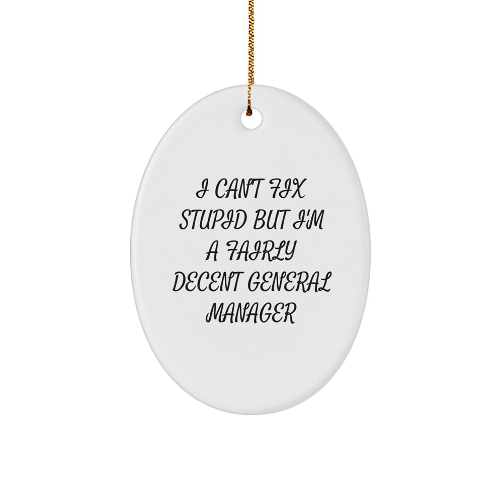 Funny General Manager Gifts, 'I Can't Fix Stupid But I'm A Fairly Decent General Manager', Oval Ornament for Christmas from Friends - Image 1
